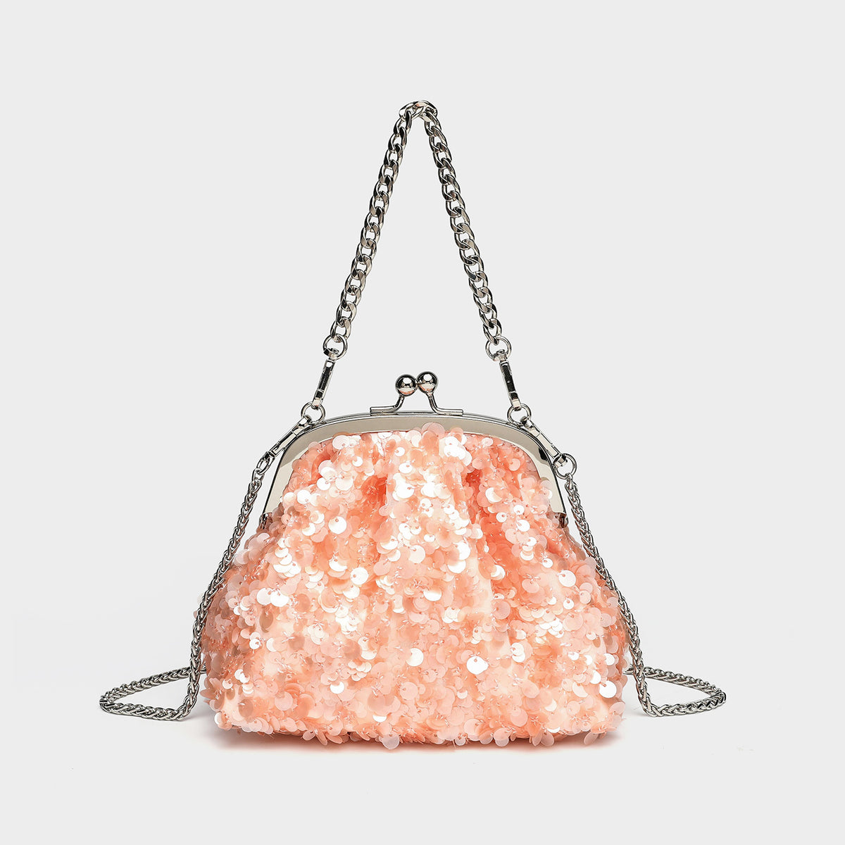 Small structured sequin kiss-lock evening bag with silver-tone chain strap in cream white, detail view 2