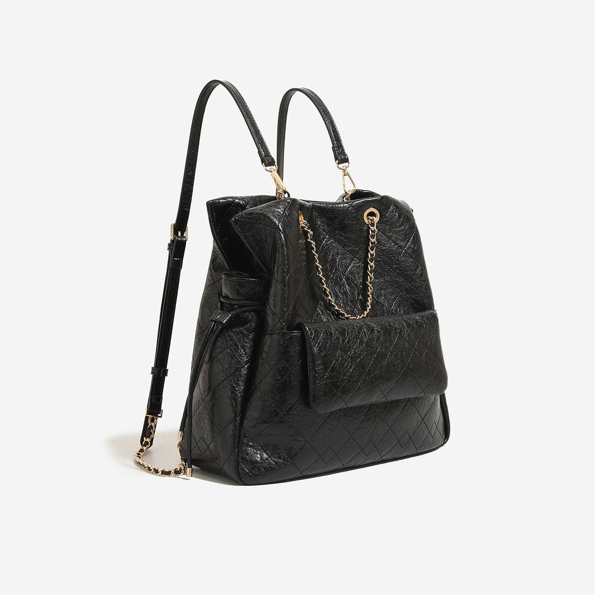 Large quilted leather-look drawstring backpack handbag with gold-tone chain handles and front flap pocket, detail view 7