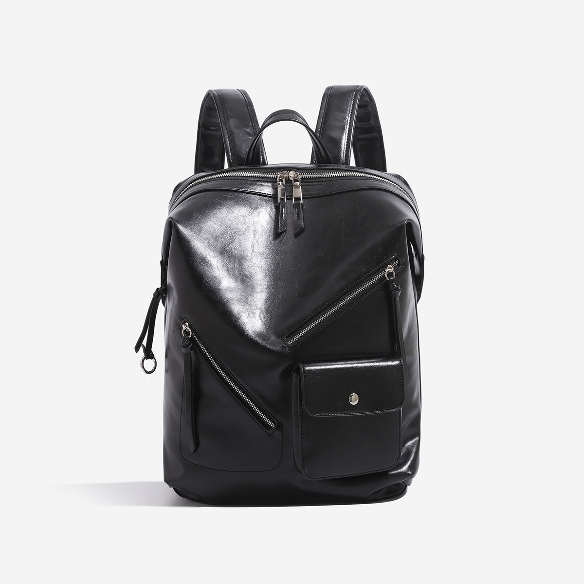 Large smooth leather-look backpack with multi-pocket front panel, dual zip closure, and silver-tone hardware, detail view 3