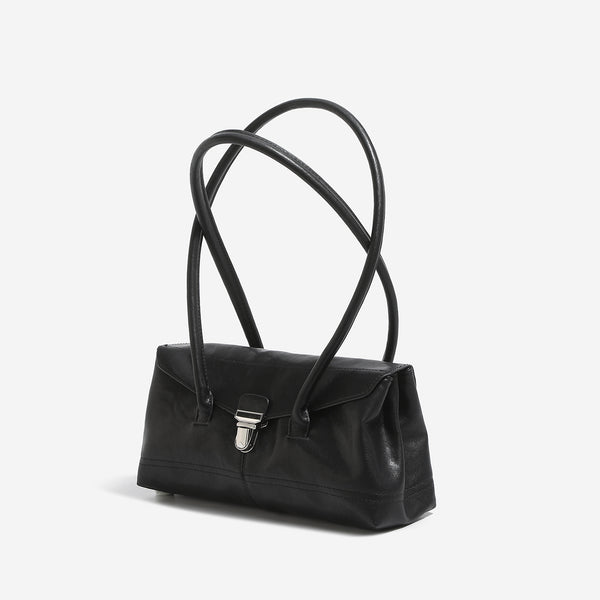 Compact structured rectangular flap shoulder bag with silver-tone turn-lock clasp and long rounded handles, detail view 4