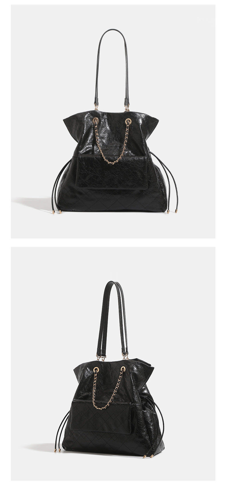 Quilted crinkled leather-look convertible tote backpack with gold-tone chain handles and drawstring closure, detail view 9