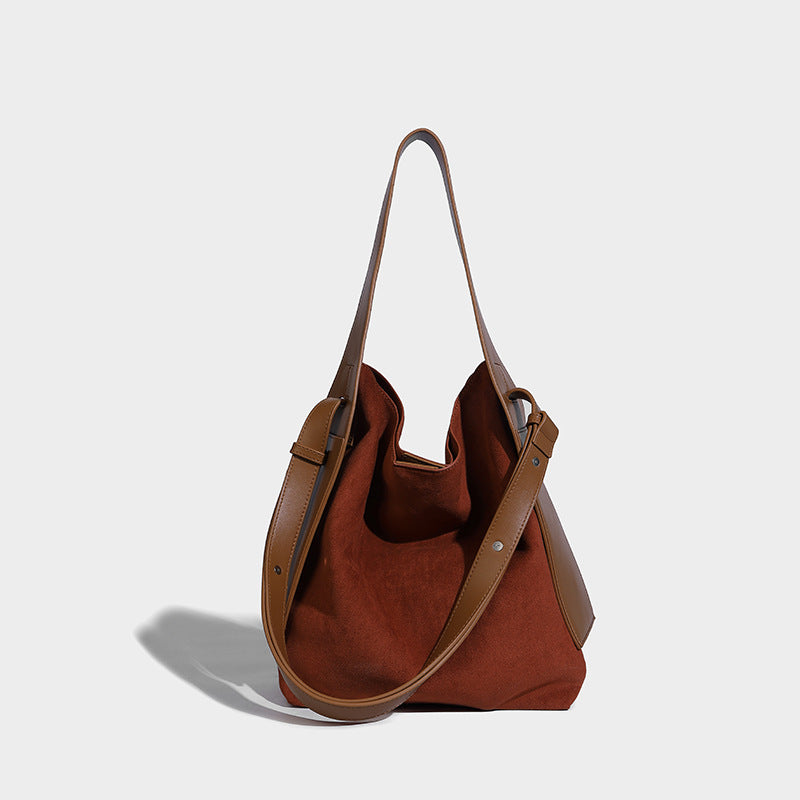Slouchy suede-finish shoulder tote bag with leather-look trim and long strap, detail view 3