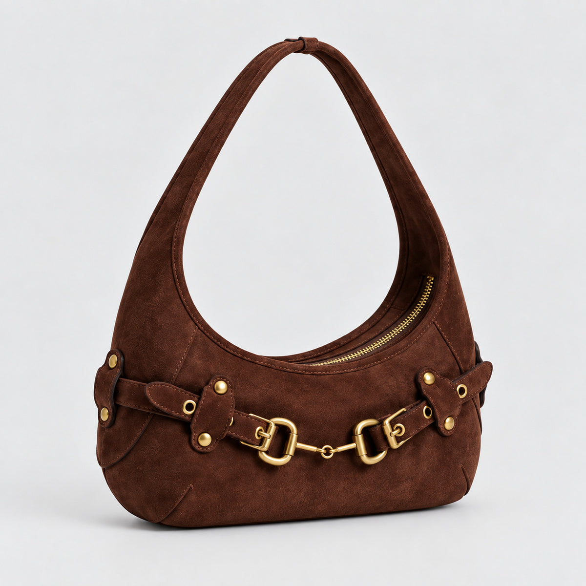 Matte suede-finish half-moon shoulder bag with gold horsebit bar hardware and dome studs, detail view 15