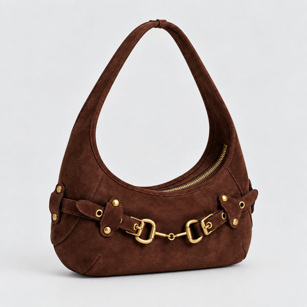 Matte suede-finish half-moon shoulder bag with gold horsebit bar hardware and dome studs, detail view 15