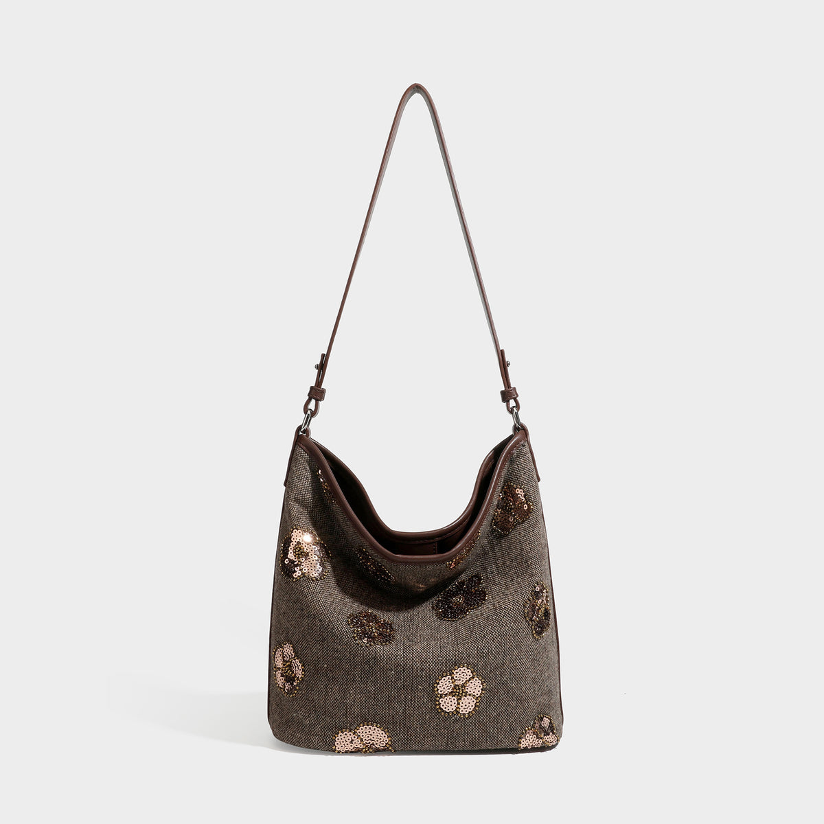 Lässig fallende Hobo-Schultertasche aus anthrazitfarbenem Webstoff mit floraler Stickerei aus silberfarbenen Pailletten, Besatz in schwarzer Lederoptik und lang