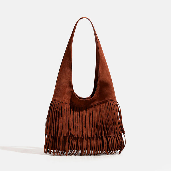 Cognac brown suede-look hobo shoulder bag with layered fringe trim and single loop strap, detail view 6