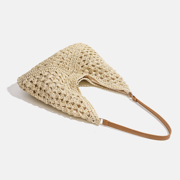 Natural ivory open-weave crochet hobo shoulder bag with tan leather-look strap and cream fabric lining, detail view 3