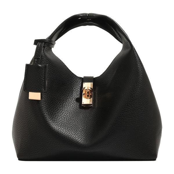 Structured pebbled leather-look bucket bag with gold-tone turn-lock clasp and looped top handle, detail view 5