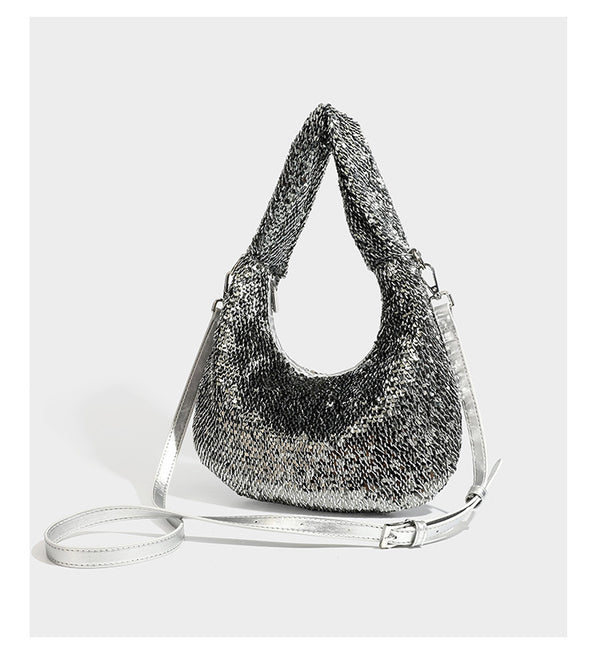 Lässig drapierte, tropfenförmige Hobo-Schultertasche mit durchgehendem Metallic-Paillettenbesatz und silberfarbenen Metalldetails, Detailansicht 12
