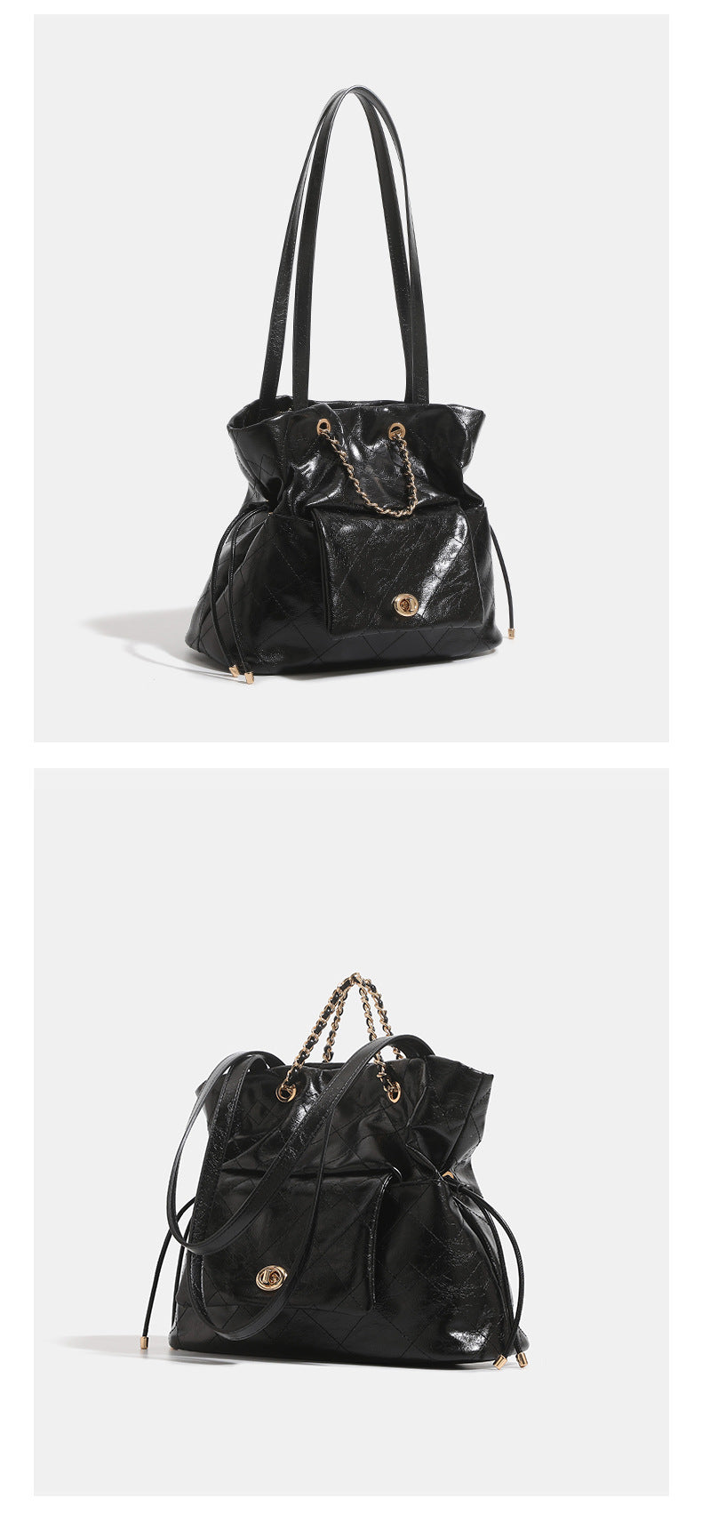 Black glossy diamond-quilted bucket tote bag with gold-tone chain accent, turn-lock front flap pocket, drawstring side ties