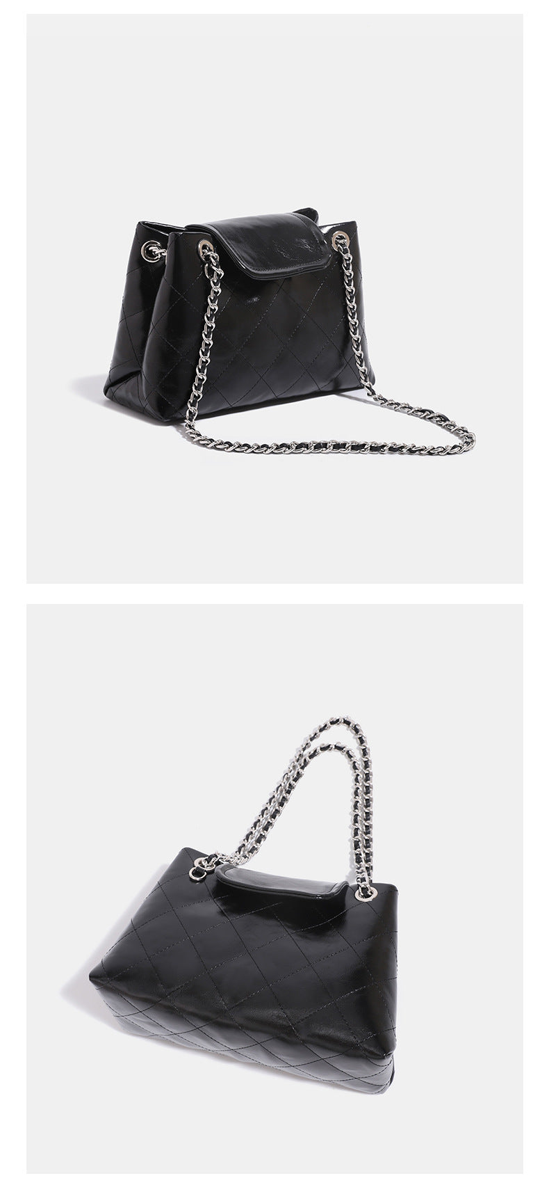 Quilted trapezoid shoulder bag with chain straps, flap closure, and ring hardware, detail view 12