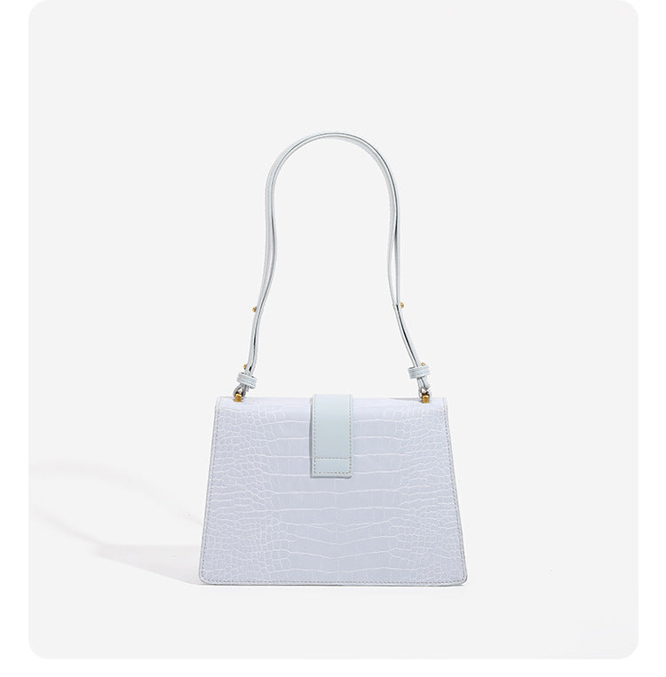 Structured crocodile-embossed flap shoulder bag with gold chain buckle hardware and adjustable strap, detail view 13