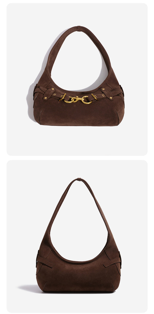 Slouchy hobo shoulder bag with gold-tone ring-and-buckle front hardware, zip top closure, and matte textured finish, detail