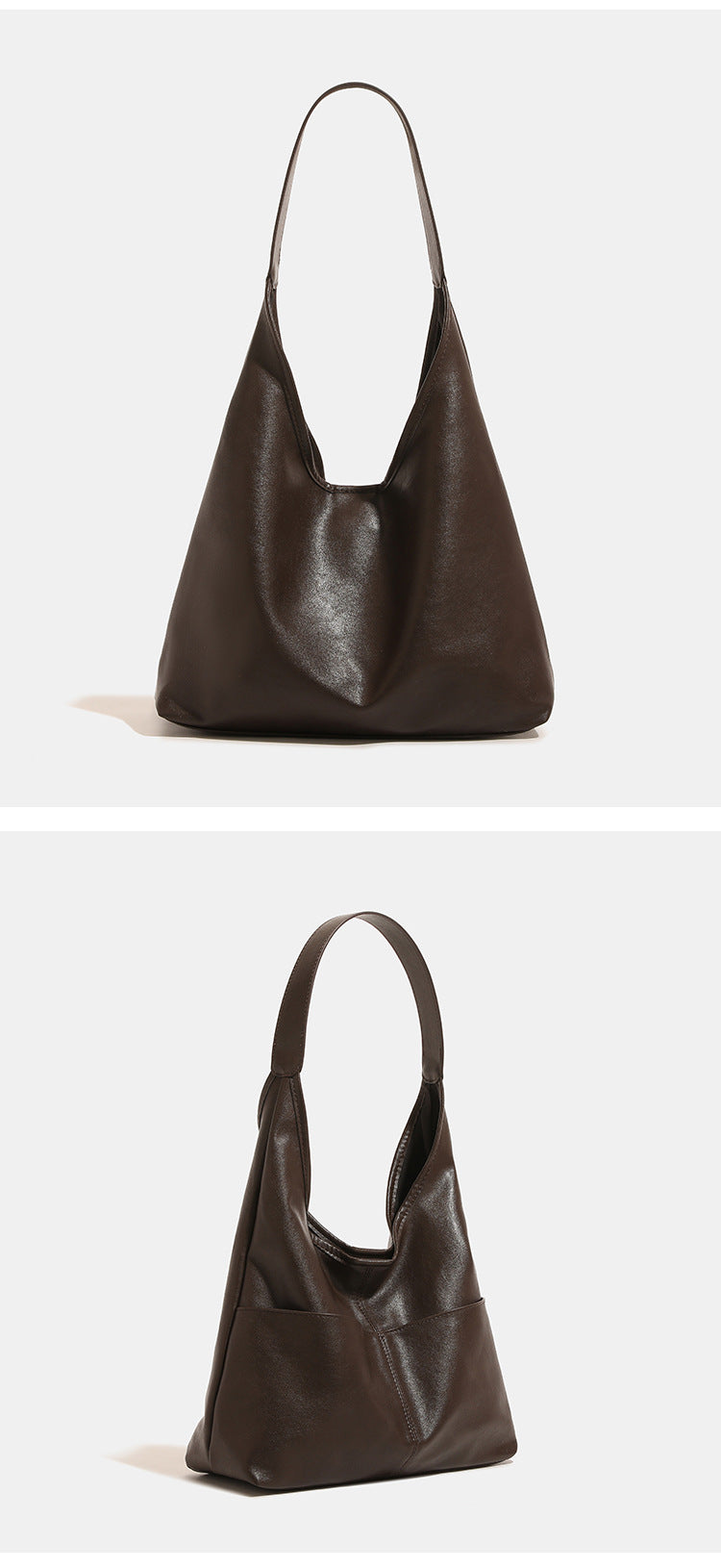 Oversized slouchy hobo tote bag in dark brown smooth matte leather-look finish with long flat shoulder strap and panelled