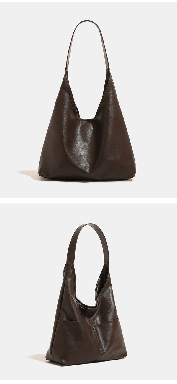 Oversized slouchy hobo tote bag in dark brown smooth matte leather-look finish with long flat shoulder strap and panelled