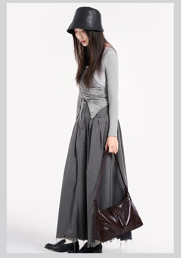 Glossy dark brown slouch hobo shoulder bag with front buckle strap panel and long adjustable single strap, detail view 22