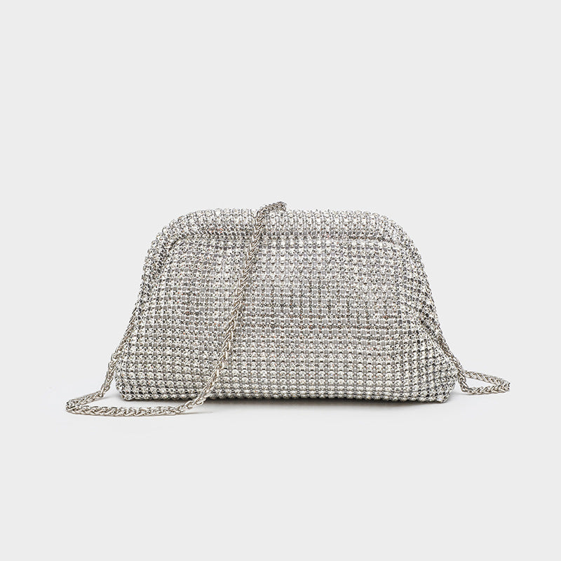 Small crystal rhinestone clutch crossbody bag with silver-tone chain strap and frame-clip closure, detail view 8