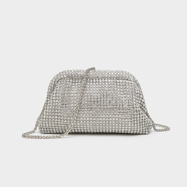 Small crystal rhinestone clutch crossbody bag with silver-tone chain strap and frame-clip closure, detail view 8