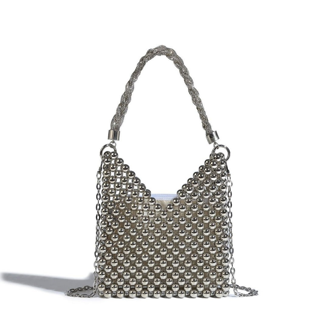 Small silver metallic beaded mini bag with braided rhinestone top handle and detachable chain crossbody strap, detail view 5