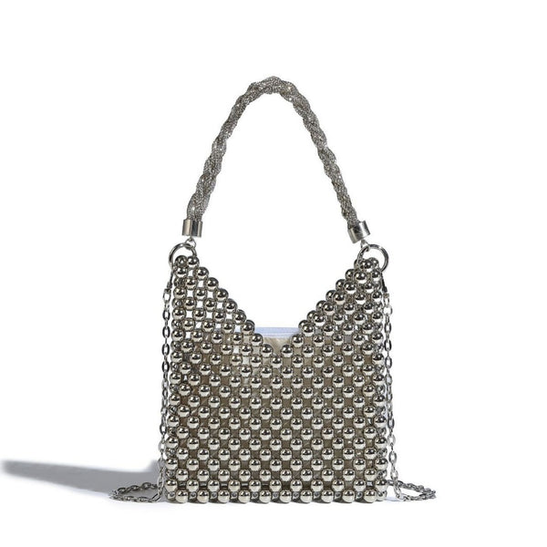 Small silver metallic beaded mini bag with braided rhinestone top handle and detachable chain crossbody strap, detail view 5