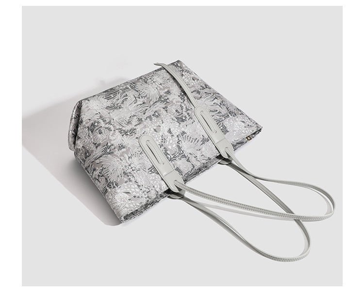 Large structured floral jacquard tote bag with long leather-look shoulder strap, detail view 14