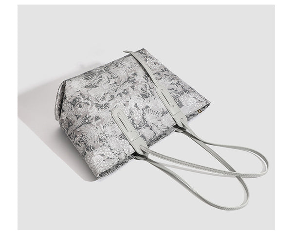 Large structured floral jacquard tote bag with long leather-look shoulder strap, detail view 14