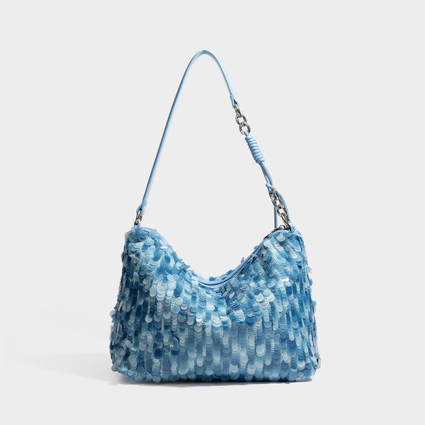 Slouchy paillette sequin hobo shoulder bag with zip closure and adjustable leather-look strap with silver chain hardware
