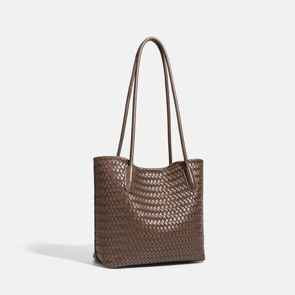 Structured woven leather-look tote bag with long shoulder straps and matching zippered pouch, detail view 3