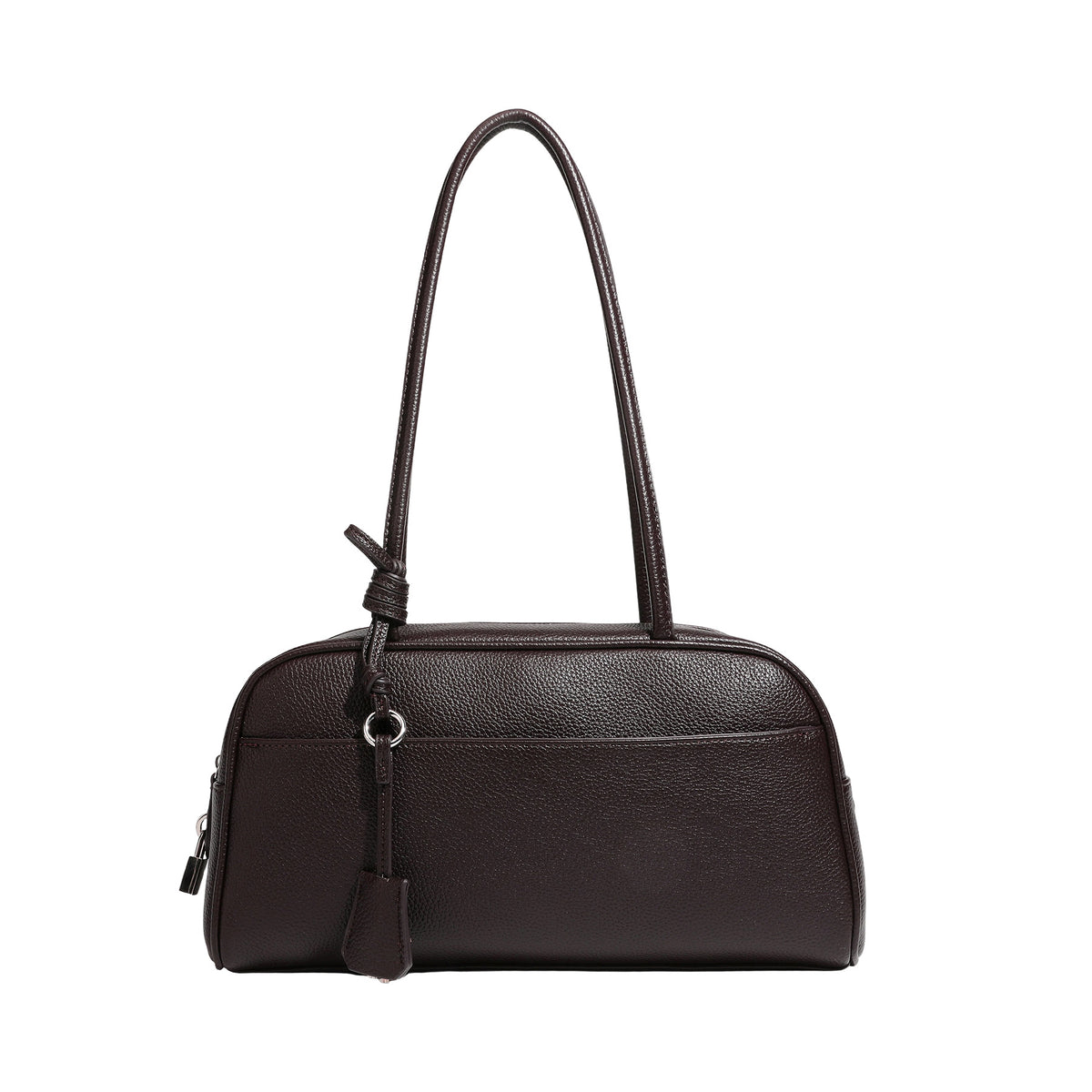 Structured rounded rectangular shoulder bag with pebbled leather-look finish, dual long handles, top zipper, front zip