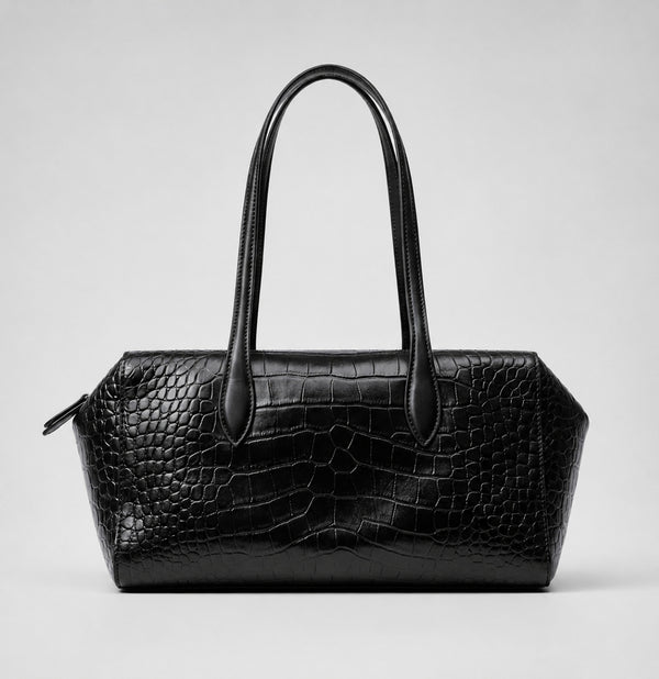 Schwarze, glänzende trapezförmige Schultertasche mit Kroko-Prägung, zwei abgerundeten Trageriemen und Reißverschluss, Detailansicht 7