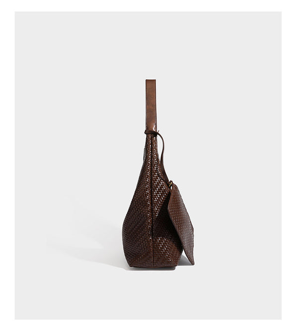 Slouchy woven leather-look hobo tote bag in brown with detachable zip pouch and gold-tone hardware, detail view 15