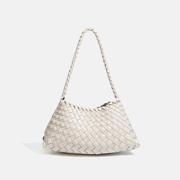 Dark brown hand-woven leather-look hobo shoulder bag with braided strap and drawstring closure, detail view 7