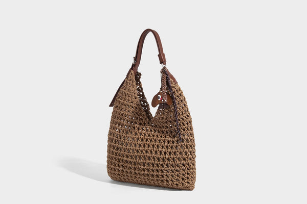 Slouchy open-knit crochet hobo tote bag with leather-look top handle and metal buckle hardware, detail view 27
