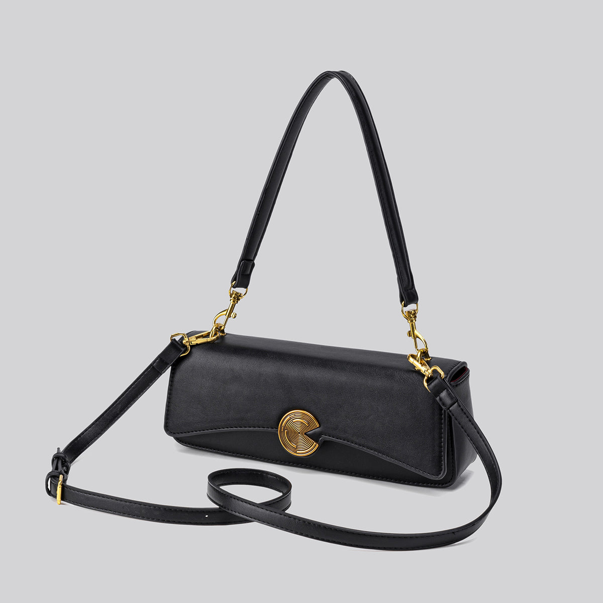 Structured rectangular flap bag with gold-tone circular turn-lock closure and detachable crossbody strap, detail view 4