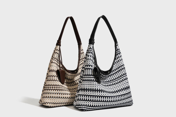 Slouchy woven stripe hobo shoulder bag with black-and-white pattern and leather-look strap, detail view 21