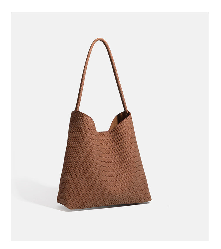 Large woven hobo shoulder bag with braided strap and matching zip pouch in dark brown, detail view 18