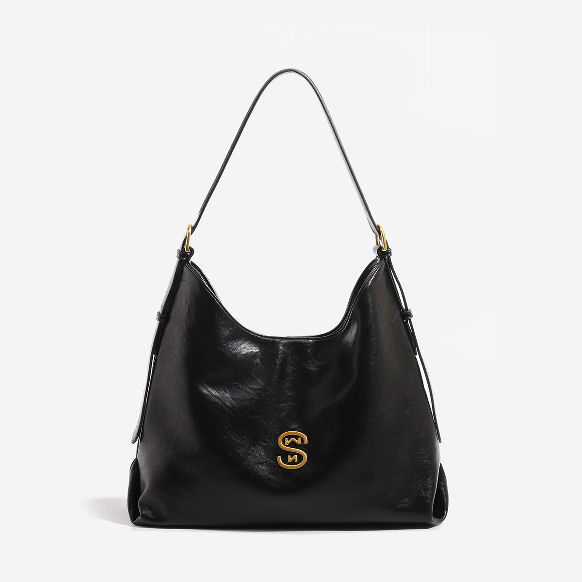 Crinkled leather-look hobo shoulder bag with gold-tone logo emblem and slim adjustable strap, detail view 7