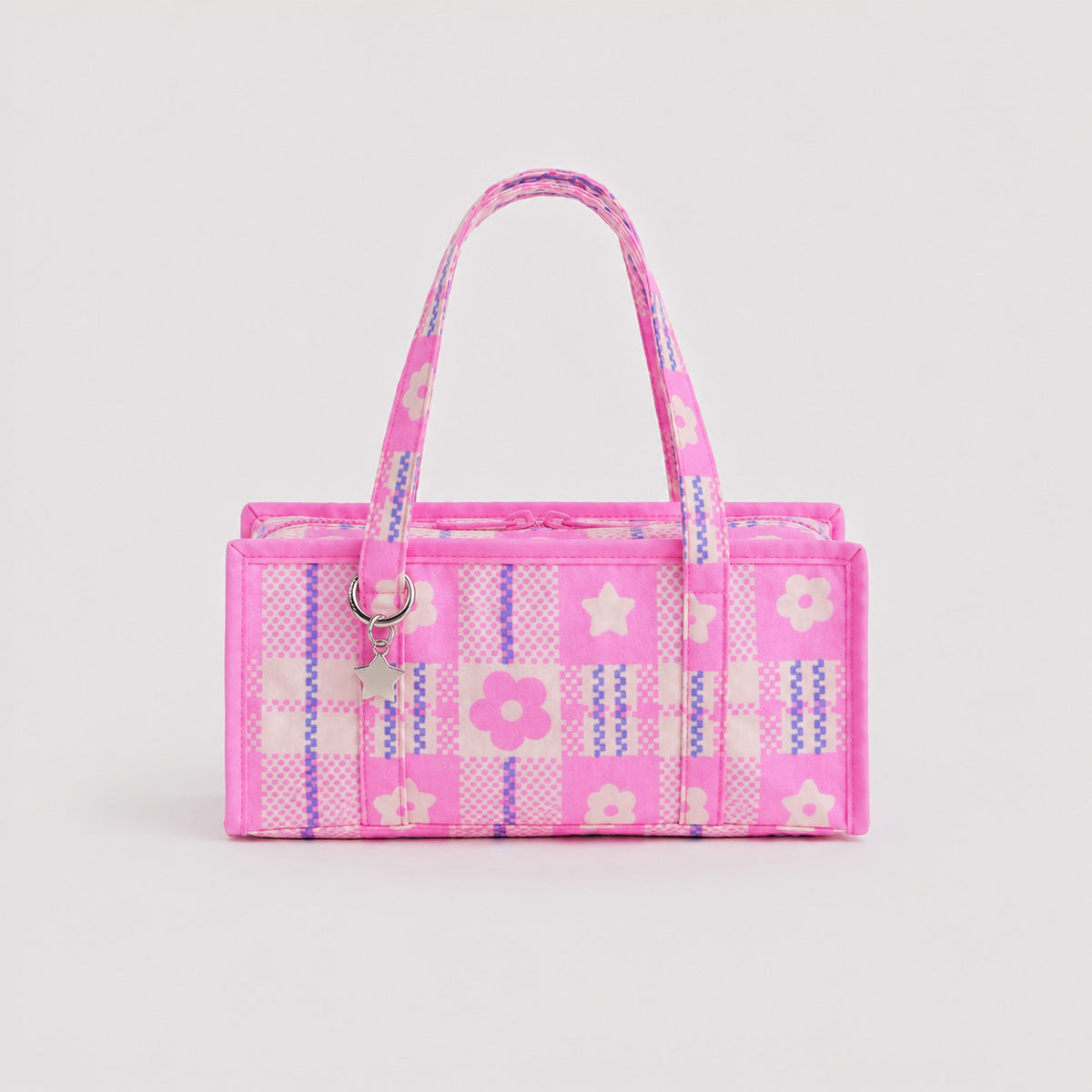 Structured rectangular retro plaid mini handbag with flower and star appliqués, silver star charm, and twin top handles