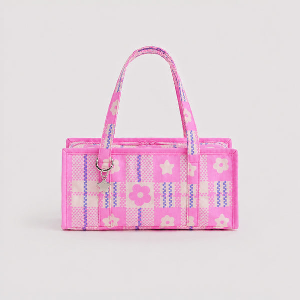 Structured rectangular retro plaid mini handbag with flower and star appliqués, silver star charm, and twin top handles