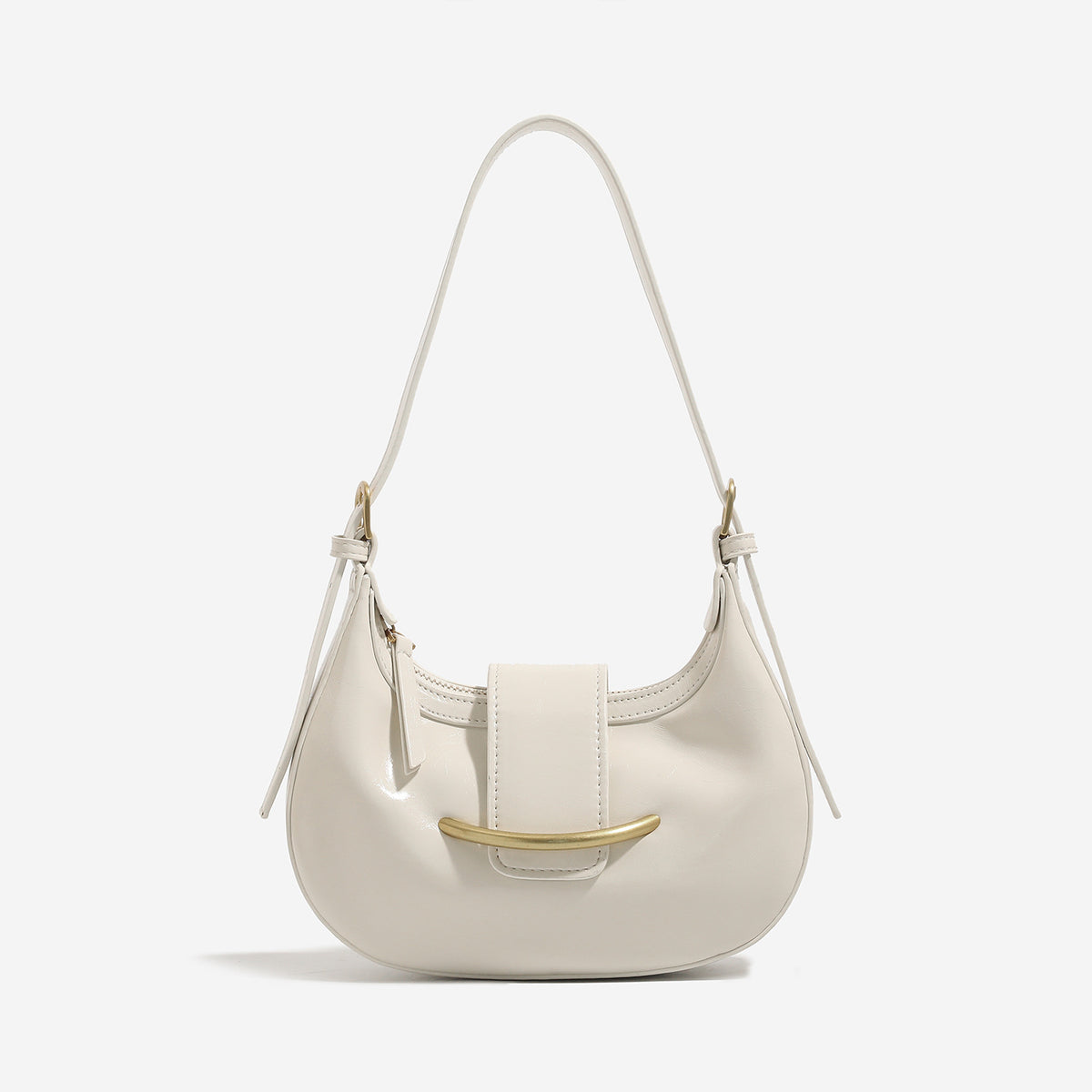 Compact crescent hobo shoulder bag with glossy synthetic finish, curved gold-tone front bar hardware, zip-top closure, and