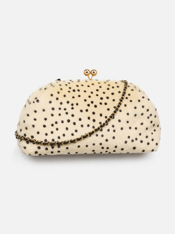 Rounded spotted faux-fur kiss-lock clutch bag with gold-tone chain strap in cream with black dot print, detail view 11