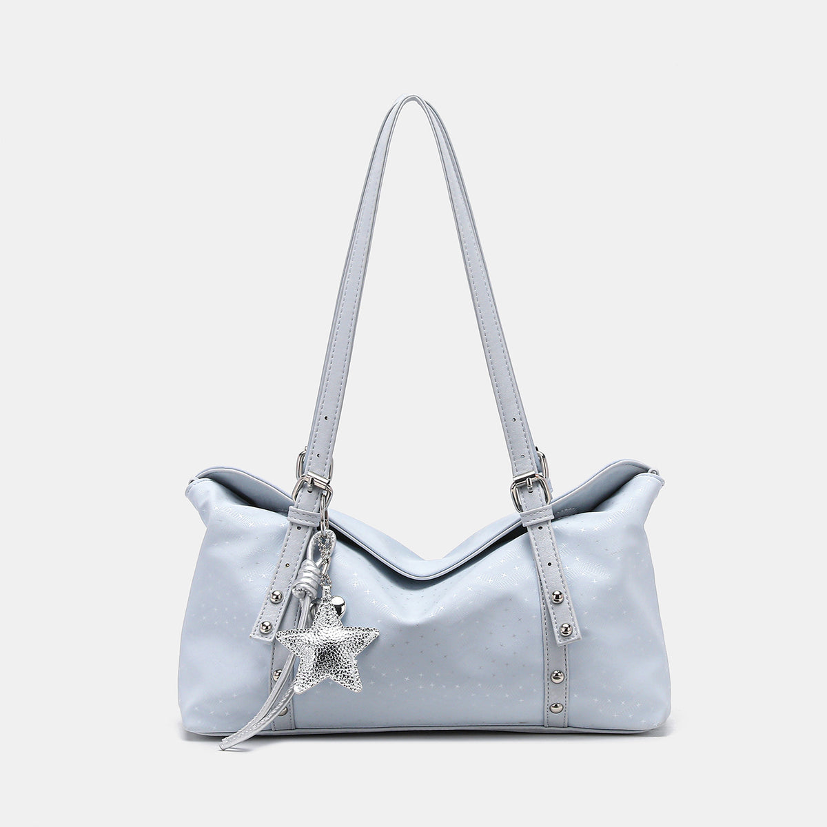 Slouchy leather-look shoulder tote bag with star charm pendant, silver-tone rivets and buckles, front view