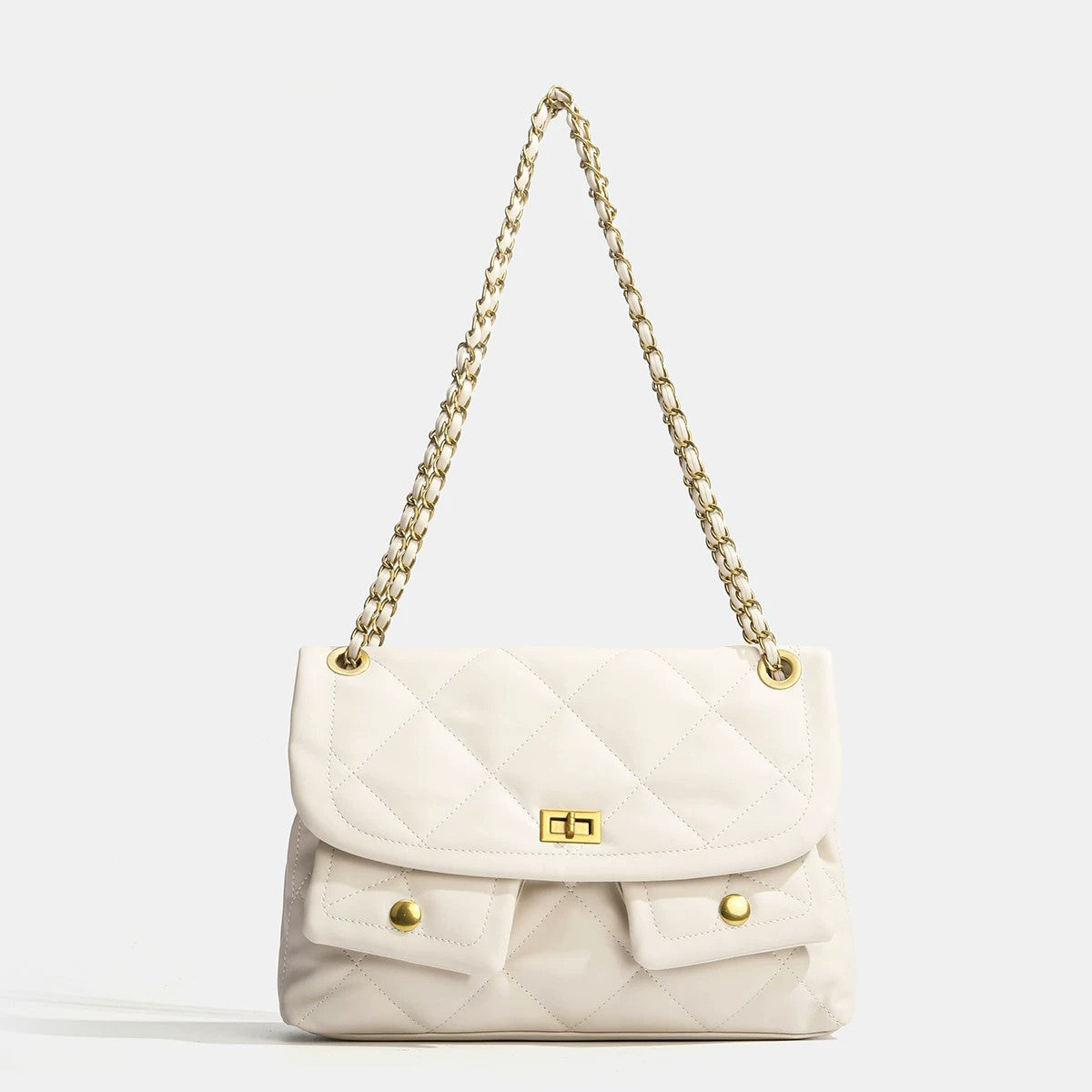 Quilted diamond flap shoulder bag with gold-tone chain strap and twist-lock closure, detail view 8