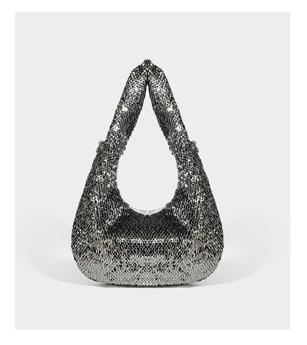 Lässig drapierte, tropfenförmige Hobo-Schultertasche mit durchgehendem Metallic-Paillettenbesatz und silberfarbenen Metalldetails, Detailansicht 14