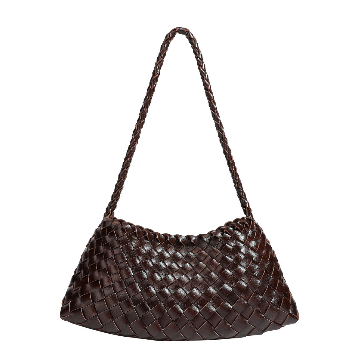 Dark brown hand-woven leather-look hobo shoulder bag with braided strap and drawstring closure, detail view 5
