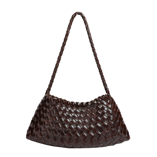 Dark brown hand-woven leather-look hobo shoulder bag with braided strap and drawstring closure, detail view 5