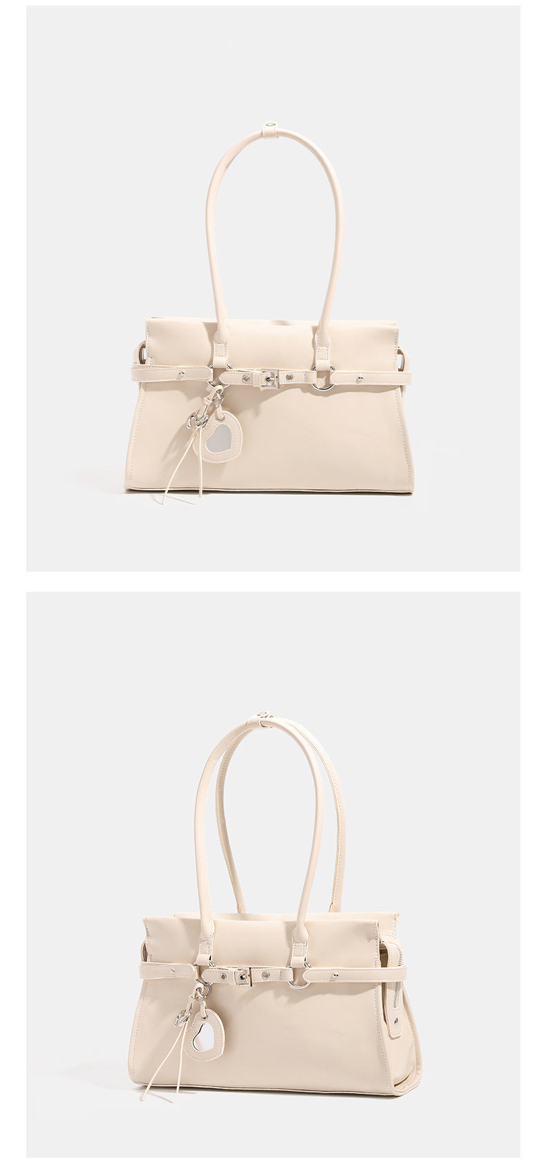 Strukturierte, glänzende Trapez-Schultertasche mit zwei Henkeln, umlaufendem Riemen, silberfarbener Schnalle und hängendem