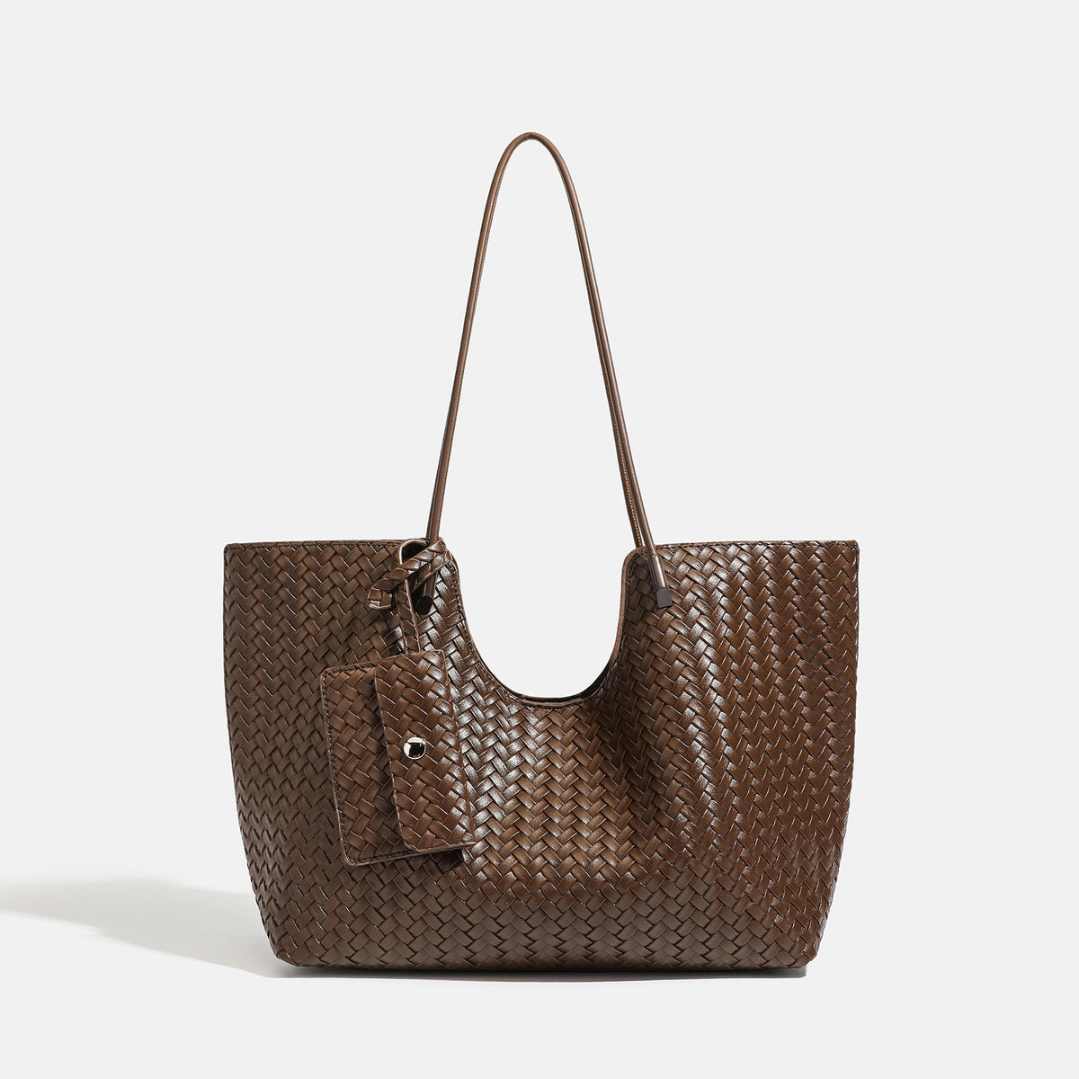 Brown woven leather-look open-top tote bag with long shoulder straps and matching zip pouch, front view