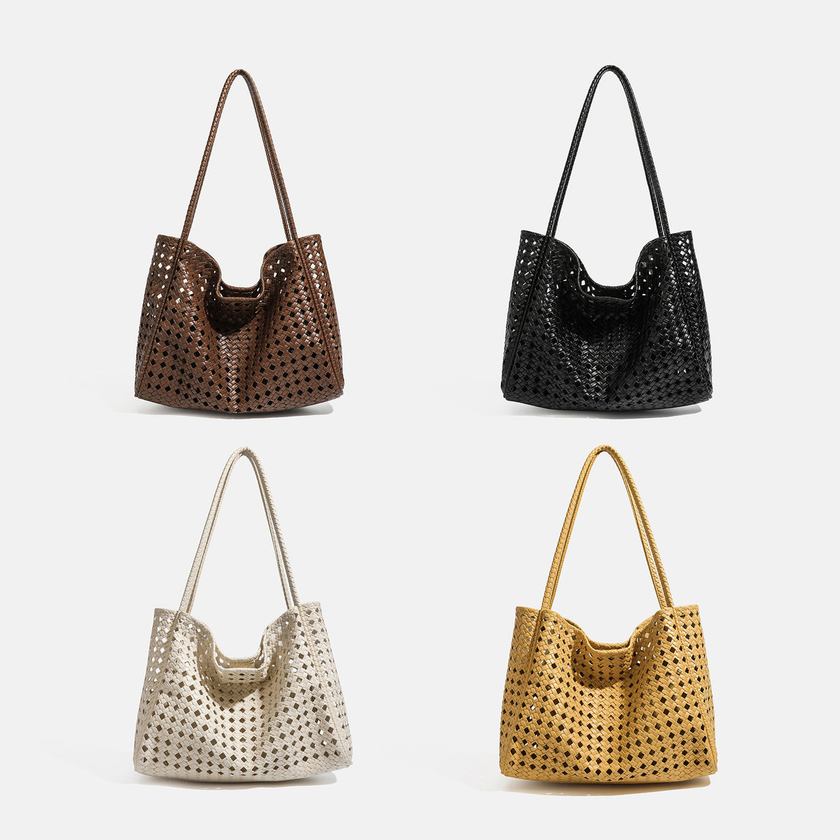 Slouchy open-lattice woven shoulder tote bag with long braided straps and matching zip pouch, detail view 2