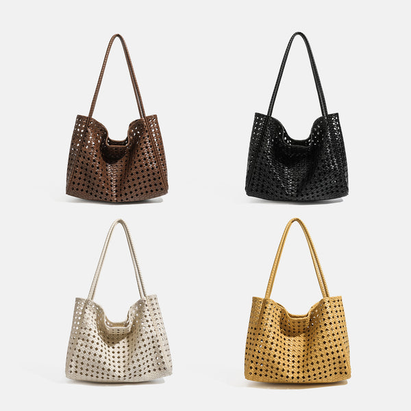 Slouchy open-lattice woven shoulder tote bag with long braided straps and matching zip pouch, detail view 2